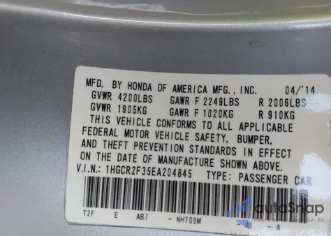 2014 Honda Accord Sdn Lx from USA, damaged, VIN 1HGCR2F35EA204845